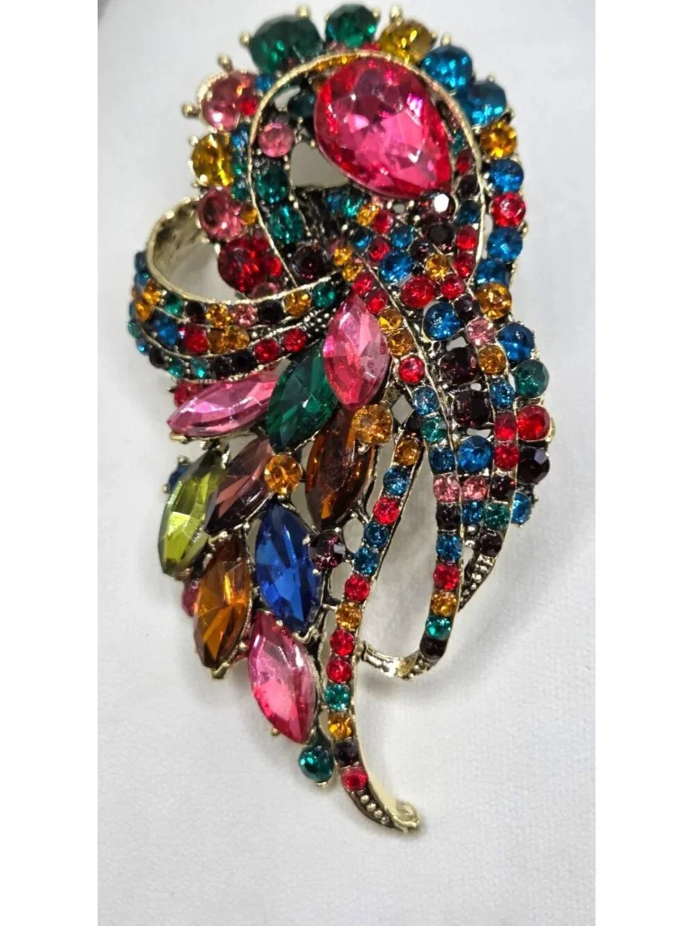 Multi Color Rhinestone Brooch With Gold-Tone Metal Leaf Scroll Design - Picture 2 of 3